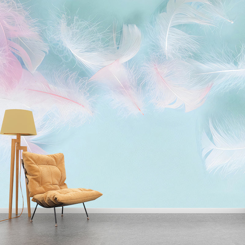 Blue and Pink Feather Mural Wallpaper Water-Resistant Wall Art for Girl's Bedroom Clearhalo 'Wall Decor' 'Wall Mural' 977341