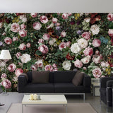 Big Cluster Rose Wall Mural Decal for Living Room Blossom Wall Art in Green and Pink, Stain-Resistant Clearhalo 'Wall Decor' 'Wall Mural' 977350