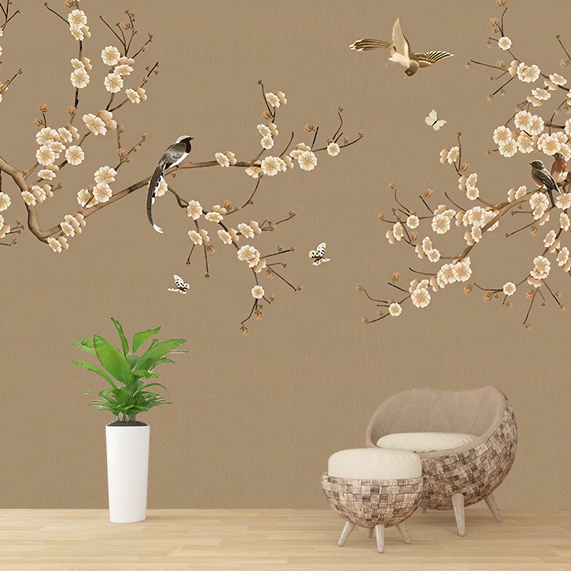 Traditional Sparrow and Flower Mural Guest Room Wall Covering, Personalized Size Available Light Brown Clearhalo 'Wall Decor' 'Wall Mural' 977414