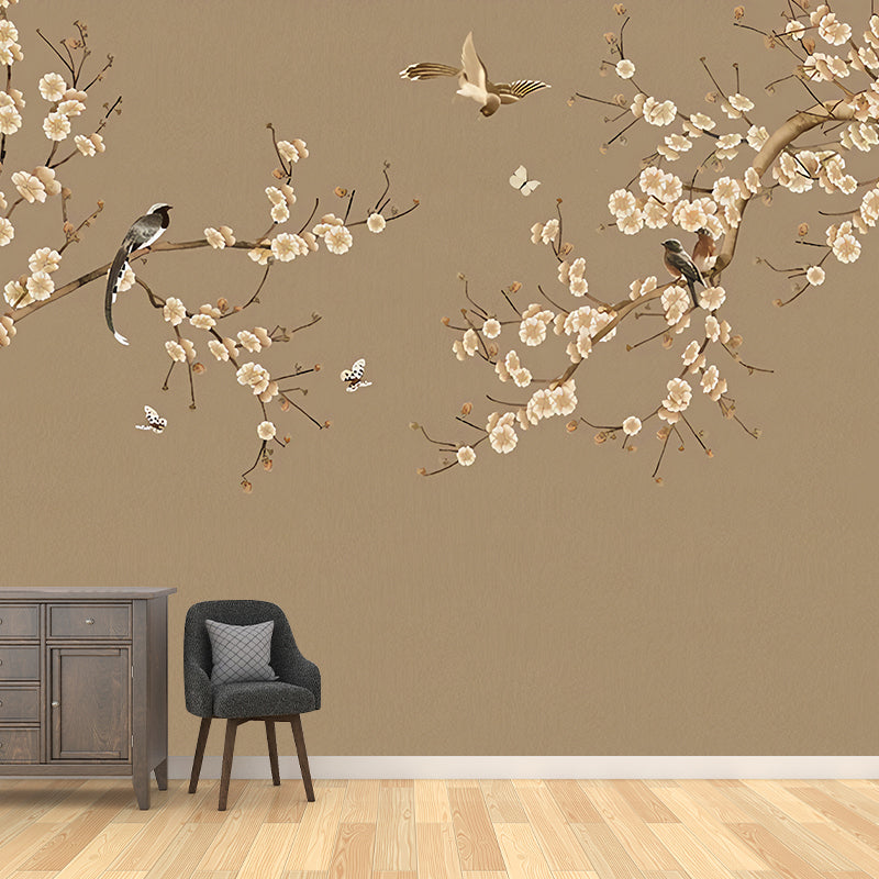 Traditional Sparrow and Flower Mural Guest Room Wall Covering, Personalized Size Available Clearhalo 'Wall Decor' 'Wall Mural' 977415