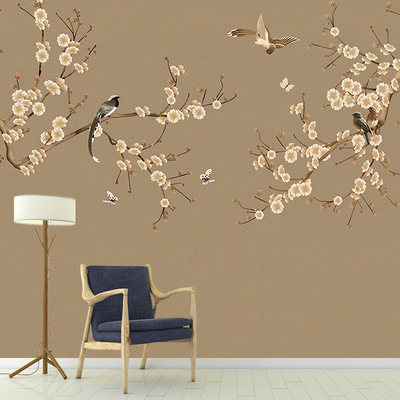 Traditional Sparrow and Flower Mural Guest Room Wall Covering, Personalized Size Available Clearhalo 'Wall Decor' 'Wall Mural' 977416