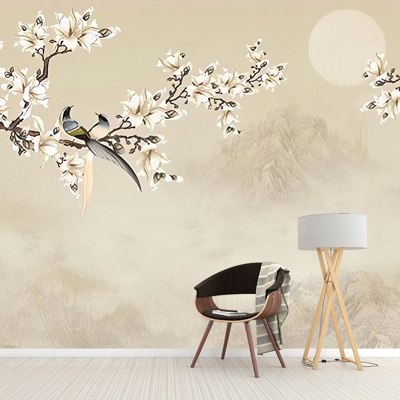 Asia Inspired Magnolia Wall Mural for Accent Wall, Personalized Size Wall Decor in Pastel Brown Clearhalo 'Wall Decor' 'Wall Mural' 977435