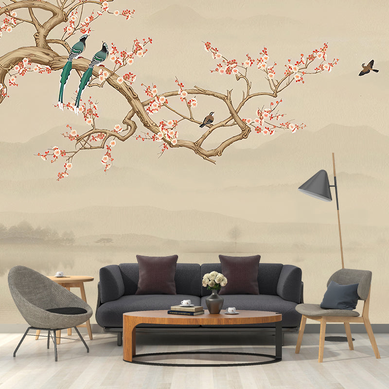 Waterproofing Bird and Blossoms Mural Wallpaper Traditional Wall Covering for Living Room Light Yellow Clearhalo 'Wall Decor' 'Wall Mural' 977469