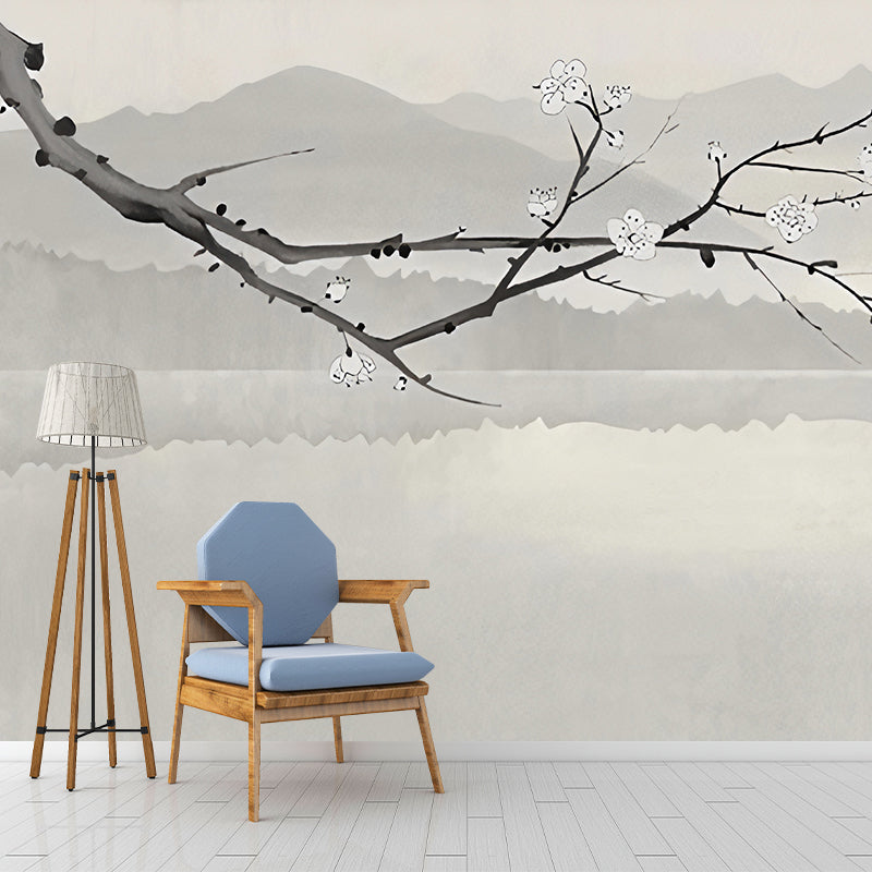 Stain-Resistant Plum Blossom Mural Wallpaper Non-Woven Chinese Wall Art for Guest Room Grey Clearhalo 'Wall Decor' 'Wall Mural' 977519