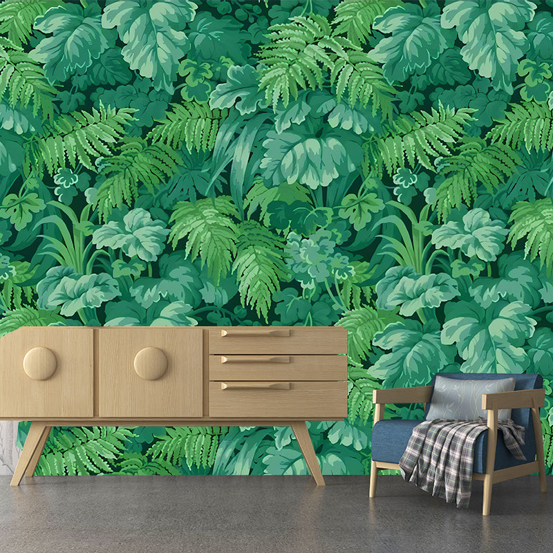 Tropical Jungle Mural Wallpaper for Restaurant Decor, Green, Customized Size Available Green Clearhalo 'Wall Decor' 'Wall Mural' 977589