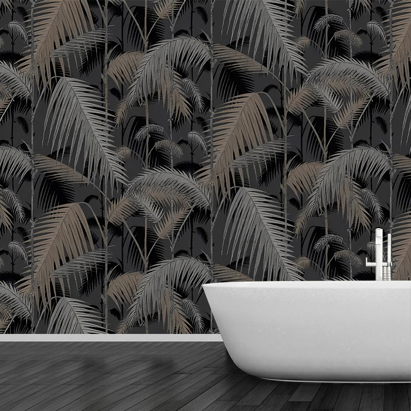 Big Feather and Plants Mural for Coffee Shop Stripe Wall Art in Black and Grey, Stain-Resistant Black-Gray Clearhalo 'Wall Decor' 'Wall Mural' 977624