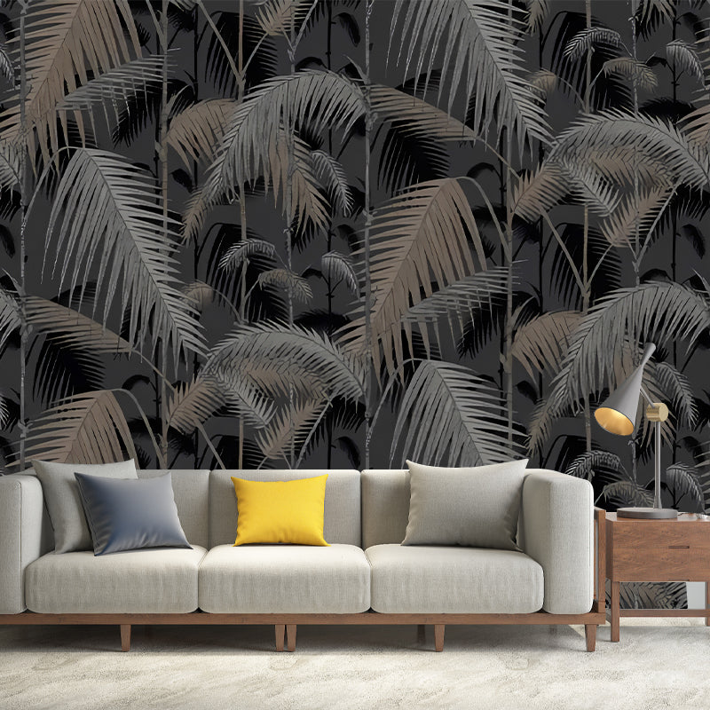 Big Feather and Plants Mural for Coffee Shop Stripe Wall Art in Black and Grey, Stain-Resistant Clearhalo 'Wall Decor' 'Wall Mural' 977626