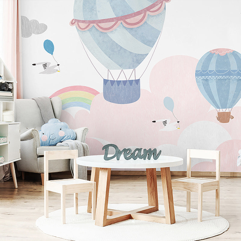 Stain-Resistant Rainbow and Balloon Mural Non-Woven Fabric Wall Art for Kids in Blue and Pink Blue-Pink Clearhalo 'Wall Decor' 'Wall Mural' 977694