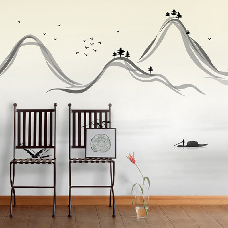 Big Bird and Mountain Mural for Guest Room Decoration Tree Wall Covering in Black and White, Water-Resistant Black-White Clearhalo 'Wall Decor' 'Wall Mural' 977824