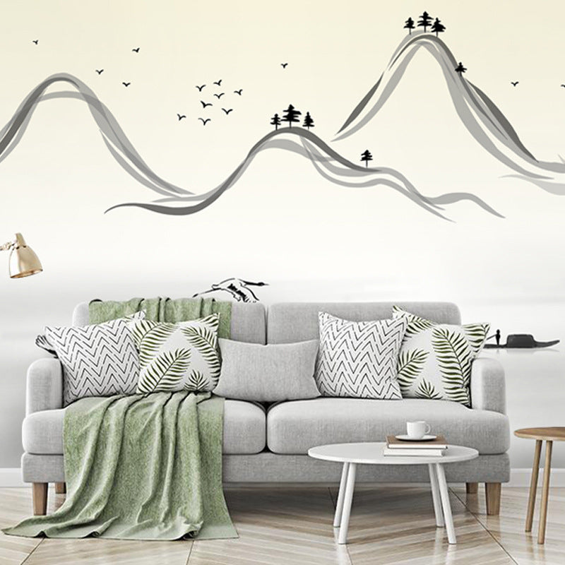 Big Bird and Mountain Mural for Guest Room Decoration Tree Wall Covering in Black and White, Water-Resistant Clearhalo 'Wall Decor' 'Wall Mural' 977825