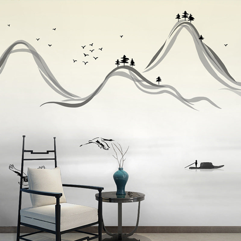 Big Bird and Mountain Mural for Guest Room Decoration Tree Wall Covering in Black and White, Water-Resistant Clearhalo 'Wall Decor' 'Wall Mural' 977826