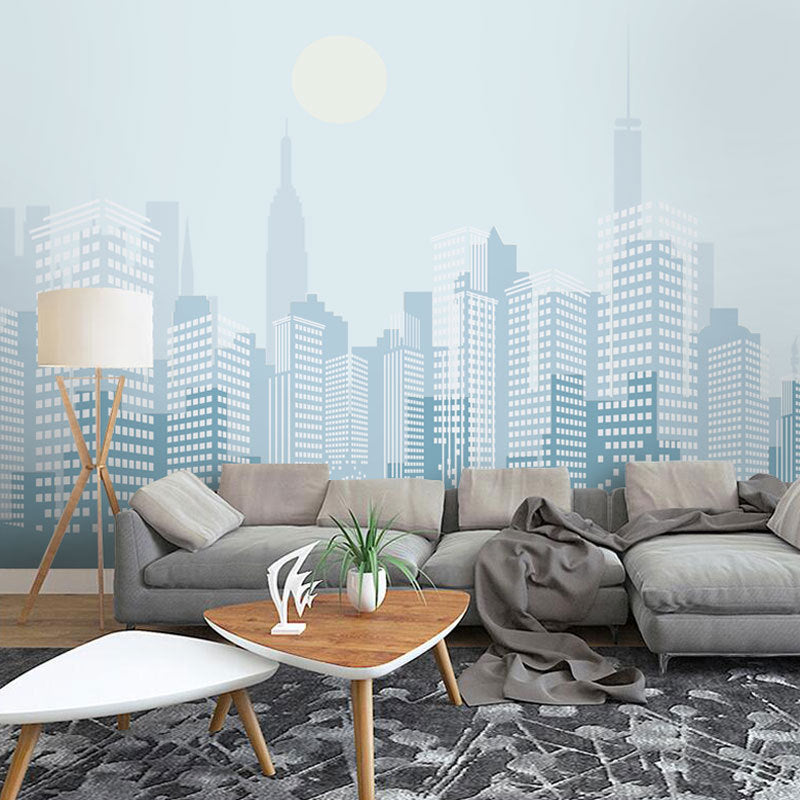 Whole City View Wall Mural for Office Room Buildings Wall Decor in Pastel Blue, Water Resistant Blue Clearhalo 'Wall Decor' 'Wall Mural' 977944