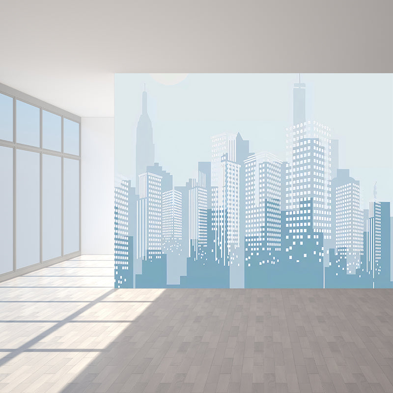 Whole City View Wall Mural for Office Room Buildings Wall Decor in Pastel Blue, Water Resistant Clearhalo 'Wall Decor' 'Wall Mural' 977945