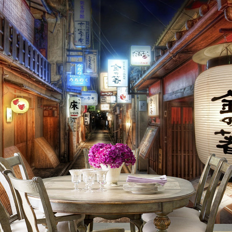 Traditional 3D Street Wall Art for Japanese Restaurant Decoration, Custom-Printed Wall Mural in Red and Brown Clearhalo 'Wall Decor' 'Wall Mural' 977980