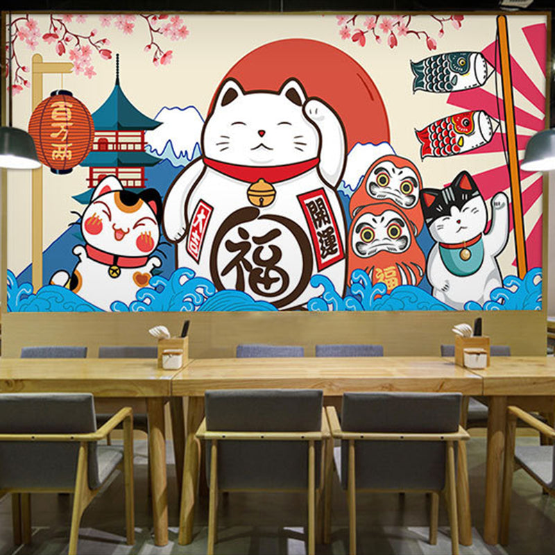 Blue and White Kitty Mural Personalized Size Japanese Style Wall Decor for Living Room Red-White-Blue Clearhalo 'Wall Decor' 'Wall Mural' 977989