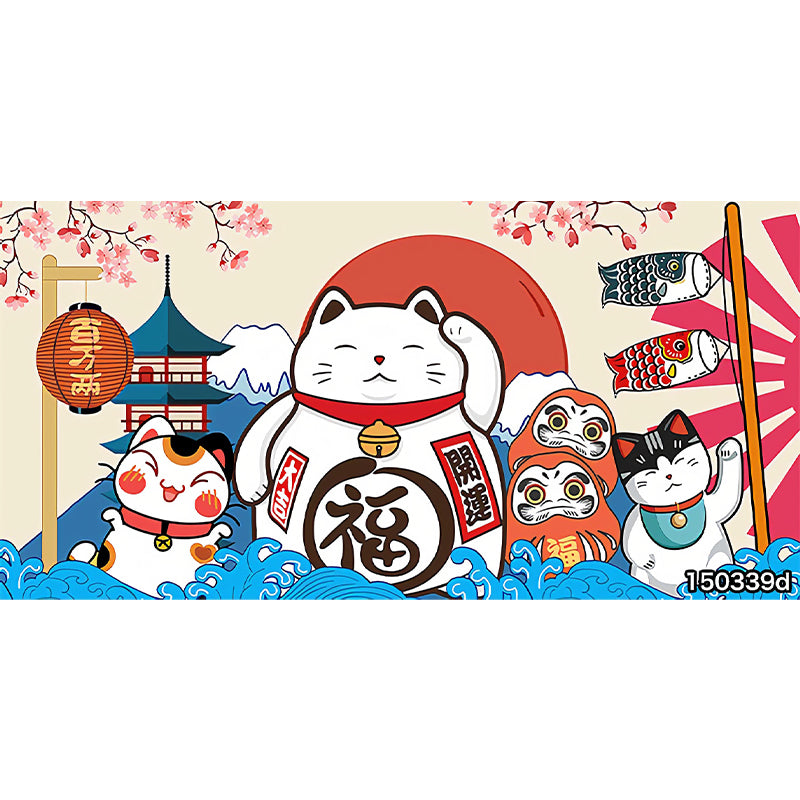 Blue and White Kitty Mural Personalized Size Japanese Style Wall Decor for Living Room Clearhalo 'Wall Decor' 'Wall Mural' 977992