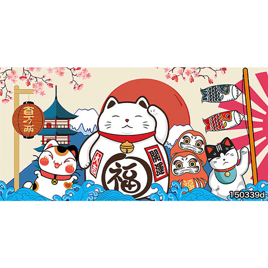 Blue and White Kitty Mural Personalized Size Japanese Style Wall Decor for Living Room Clearhalo 'Wall Decor' 'Wall Mural' 977992