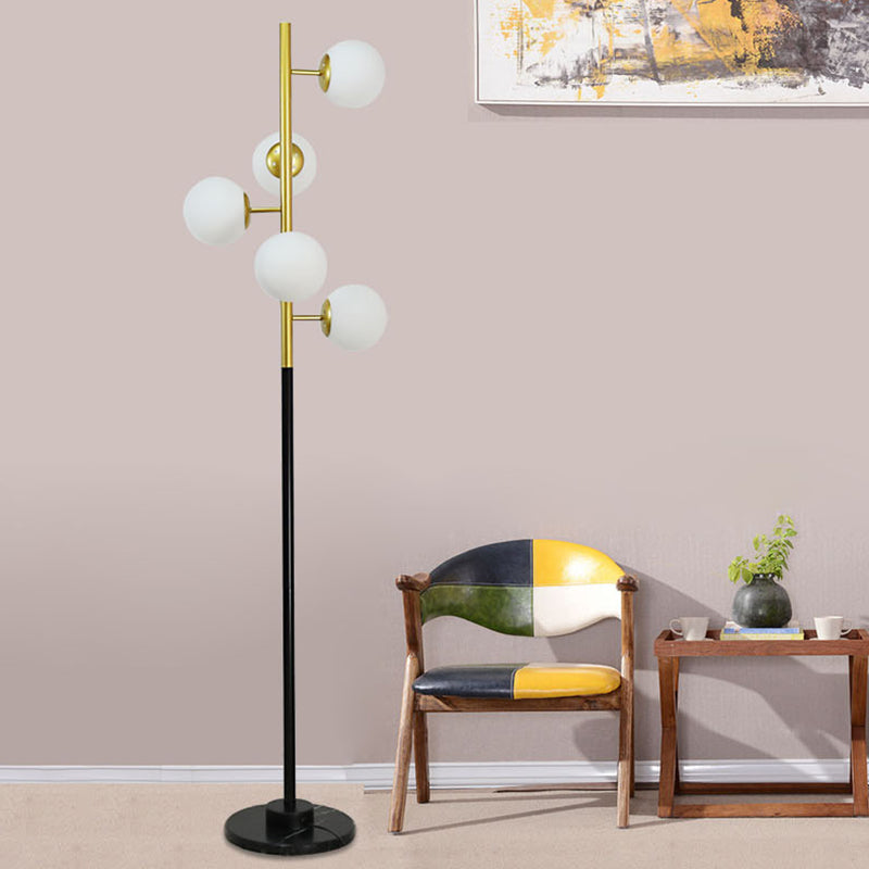 Black-Gold Tree Floor Light Simplicity 5-Bulb Metal Standing Up Lamp with Beige/Milk White Glass Shade Clearhalo 'Floor Lamps' 'Lamps' Lighting' 978453
