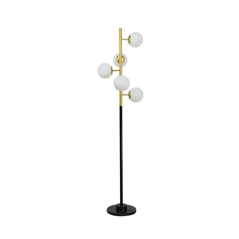 Black-Gold Tree Floor Light Simplicity 5-Bulb Metal Standing Up Lamp with Beige/Milk White Glass Shade Clearhalo 'Floor Lamps' 'Lamps' Lighting' 978454