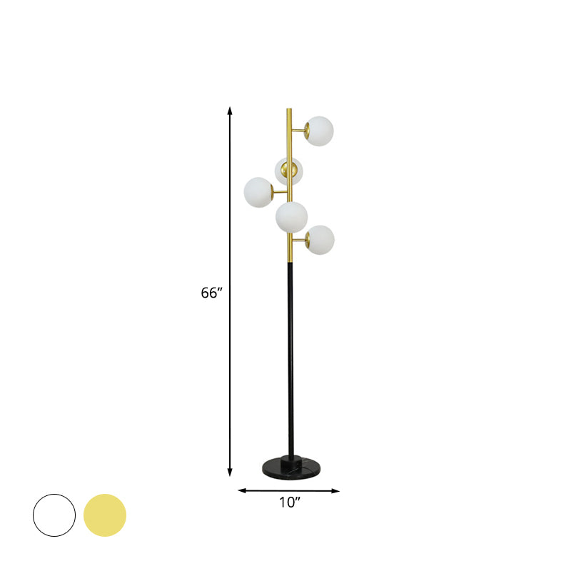 Black-Gold Tree Floor Light Simplicity 5-Bulb Metal Standing Up Lamp with Beige/Milk White Glass Shade Clearhalo 'Floor Lamps' 'Lamps' Lighting' 978455
