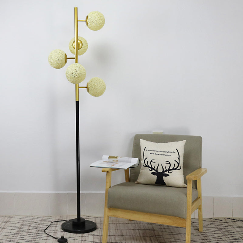 Black-Gold Tree Floor Light Simplicity 5-Bulb Metal Standing Up Lamp with Beige/Milk White Glass Shade Black-Gold Beige Clearhalo 'Floor Lamps' 'Lamps' Lighting' 978456