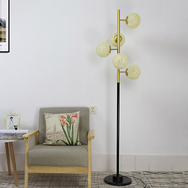 Black-Gold Tree Floor Light Simplicity 5-Bulb Metal Standing Up Lamp with Beige/Milk White Glass Shade Clearhalo 'Floor Lamps' 'Lamps' Lighting' 978457