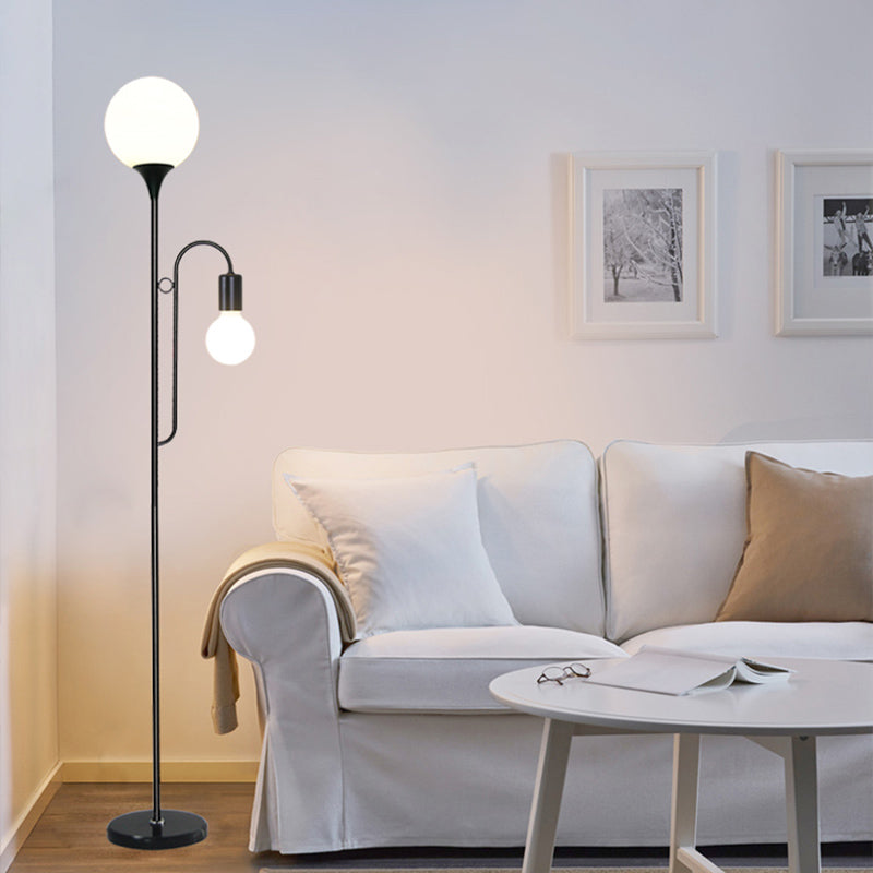 Minimalist Ball Standing Lamp Glass 2-Head Bedroom Reading Floor Light with Curved Arm in Black/White Clearhalo 'Floor Lamps' 'Lamps' Lighting' 978477