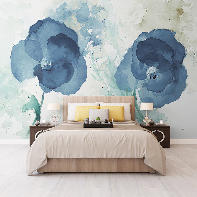 Bleu et noir fleur murale papier peint chambre décorative murale décorative,  taille personnalisée disponible - Clearhalo