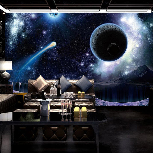 3D Visual outer Space Mural Wallpaper for Meeting Room Decoration, Blue and Purple, Custom-Printed Clearhalo 'Wall Decor' 'Wall Mural' 978962