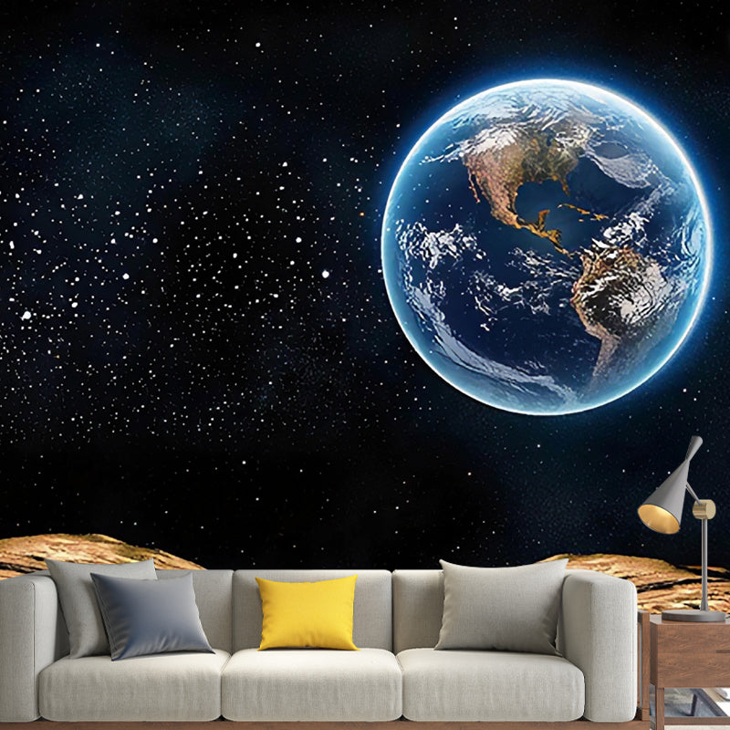 Big Planet Wall Mural Decal in Blue and Black Non-Woven Fabric Wall Covering for Home Decor, Custom-Printed Blue-Black Clearhalo 'Wall Decor' 'Wall Mural' 978966