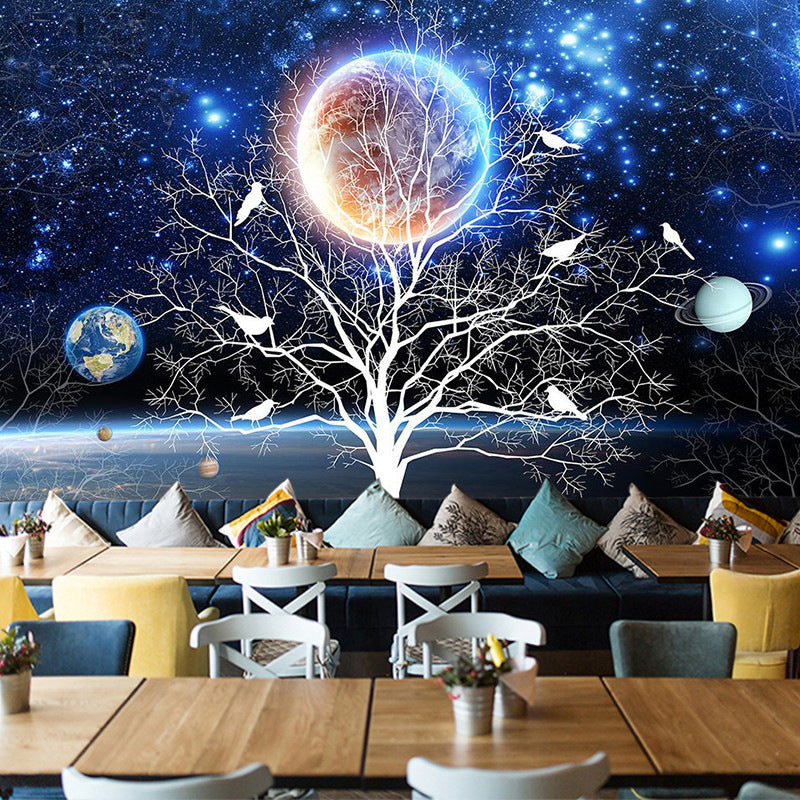 Whole Photography Fashion Mural Wallpaper for Living Room with Planet and Tree Design in Blue and Black Blue-Black Clearhalo 'Wall Decor' 'Wall Mural' 978976