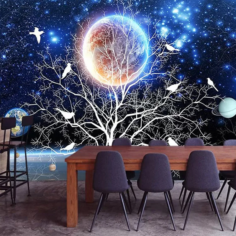 Whole Photography Fashion Mural Wallpaper for Living Room with Planet and Tree Design in Blue and Black Clearhalo 'Wall Decor' 'Wall Mural' 978977