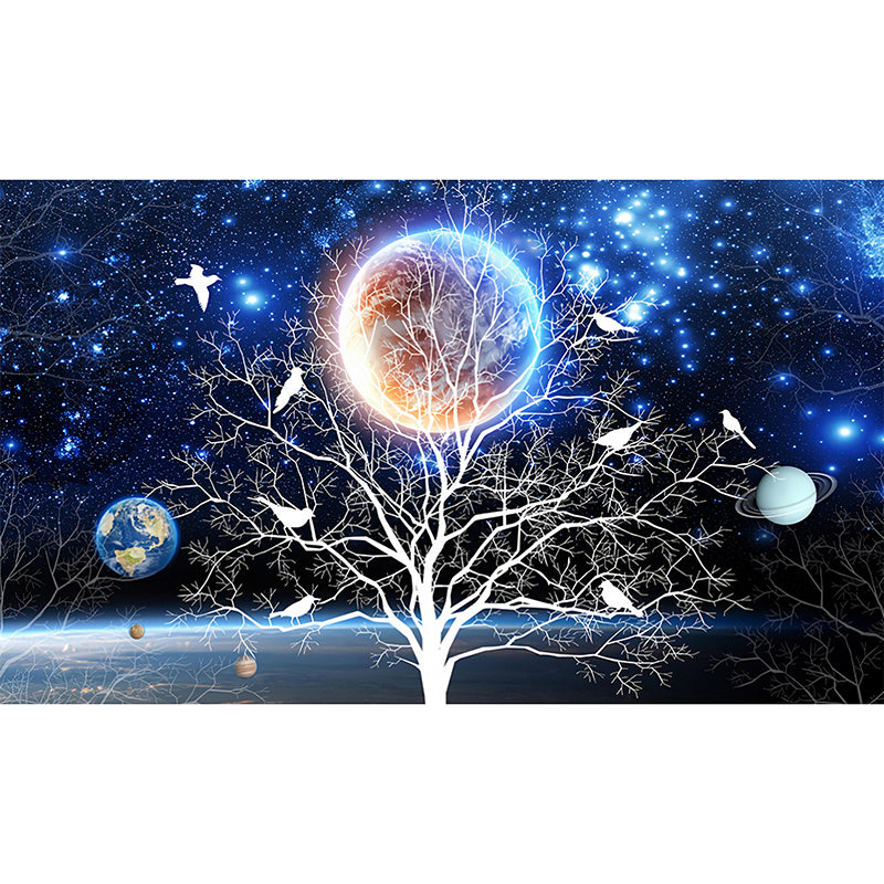 Whole Photography Fashion Mural Wallpaper for Living Room with Planet and Tree Design in Blue and Black Clearhalo 'Wall Decor' 'Wall Mural' 978979