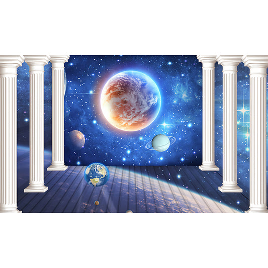 Blue Column and Galaxy Mural Stain-Resistant Wall Art for Office Room Decoration Clearhalo 'Wall Decor' 'Wall Mural' 978984