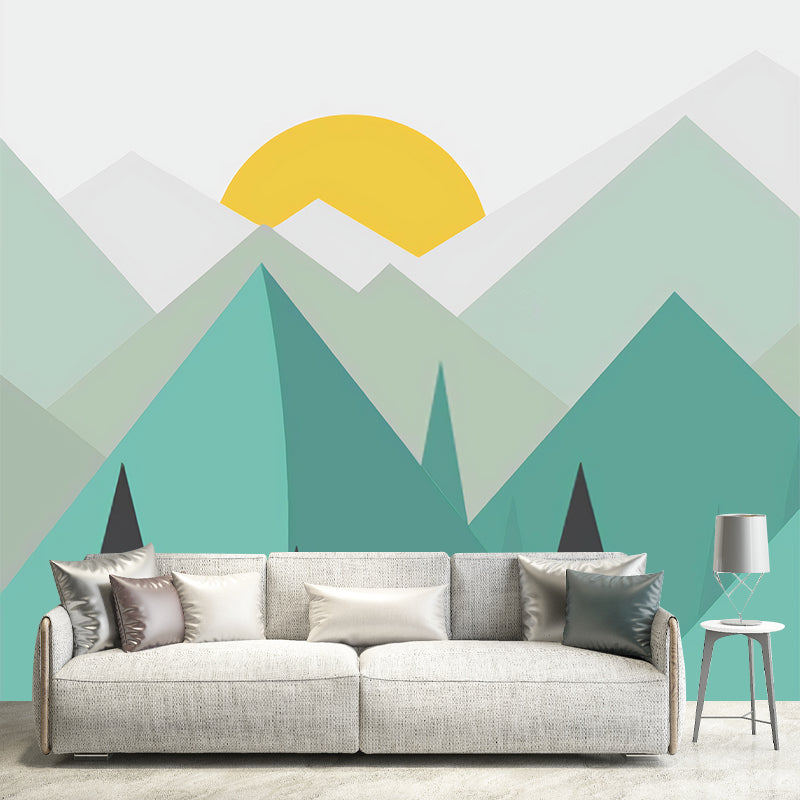 Big Illustration Simple Wall Mural Decal for Living Room with Mountain and Sunrise in Green and Yellow Clearhalo 'Wall Decor' 'Wall Mural' 979052