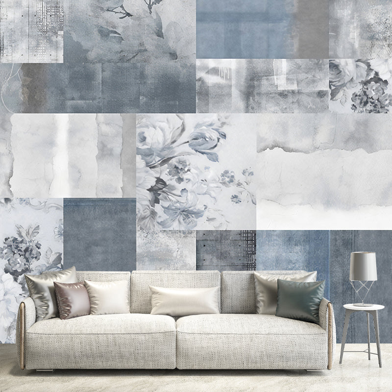 Blossom and Grid Mural Wallpaper for Accent Wall, Soft Grey, Personalized Size Available Grey Clearhalo 'Wall Decor' 'Wall Mural' 979151