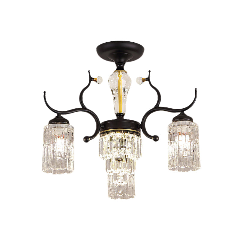 Cylindrical Bedroom Semi Flush Chandelier Contemporary Crystal 3/6 Heads Black Ceiling Mount Lamp Clearhalo 'Ceiling Lights' 'Close To Ceiling Lights' 'Close to ceiling' 'Semi-flushmount' Lighting' 979478