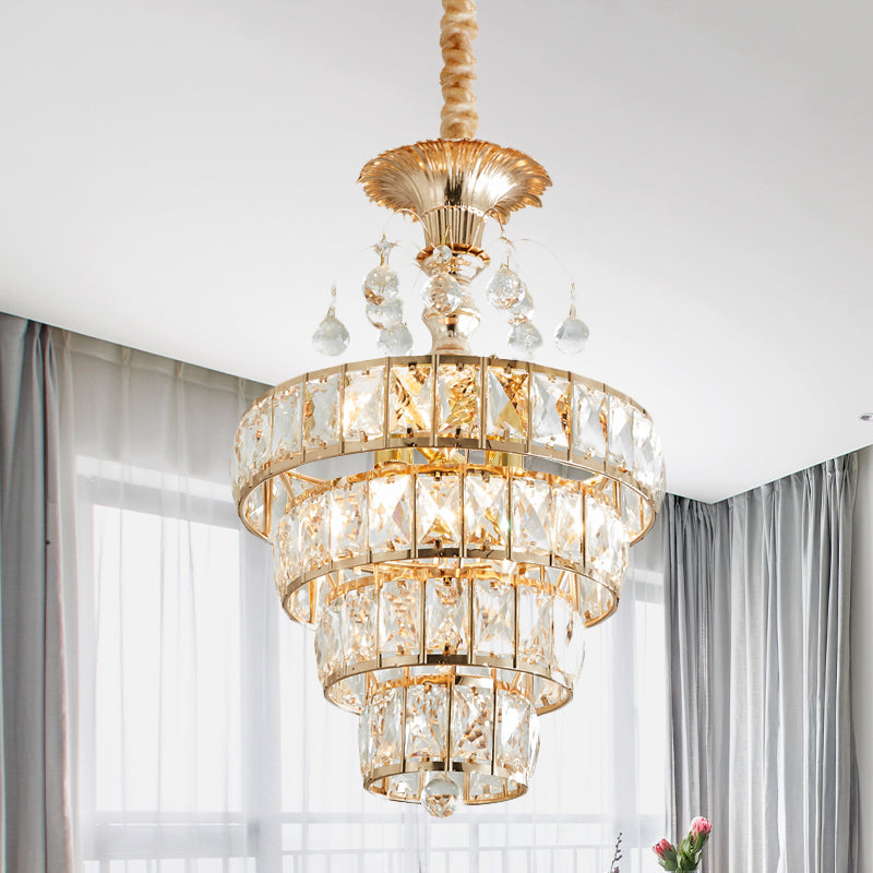 4-Tier Cone Crystal Drop Lamp Traditional 5 Lights Living Room Chandelier Pendant in Gold Clearhalo 'Ceiling Lights' 'Chandeliers' Lighting' options 979494