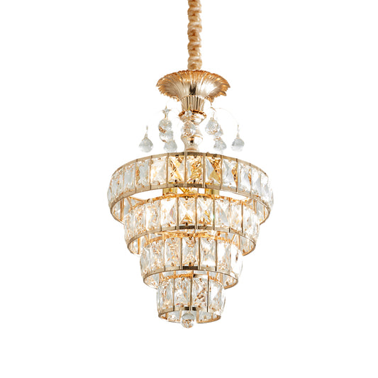 4-Tier Cone Crystal Drop Lamp Traditional 5 Lights Living Room Chandelier Pendant in Gold Clearhalo 'Ceiling Lights' 'Chandeliers' Lighting' options 979495