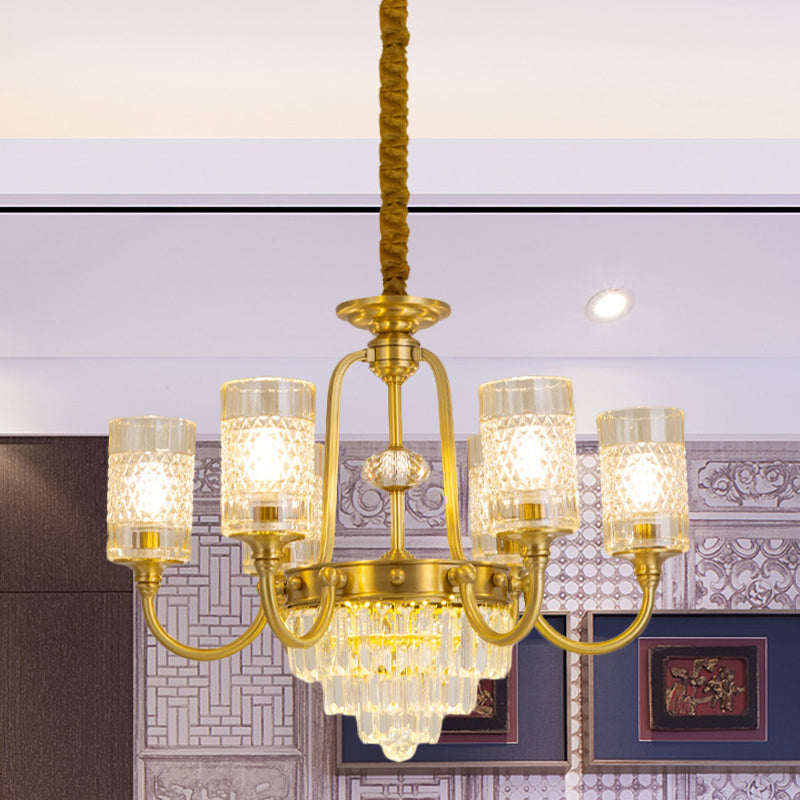 6-Light Pillar Hanging Chandelier Postmodern Gold Textured Glass Pendant Lamp with Tiered Crystal Prism Gold Clearhalo 'Ceiling Lights' 'Chandeliers' Lighting' options 979506_6e680df4-d0ca-4f1e-9bf7-6377783a88da