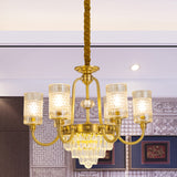 6-Light Pillar Hanging Chandelier Postmodern Gold Textured Glass Pendant Lamp with Tiered Crystal Prism Clearhalo 'Ceiling Lights' 'Chandeliers' Lighting' options 979506