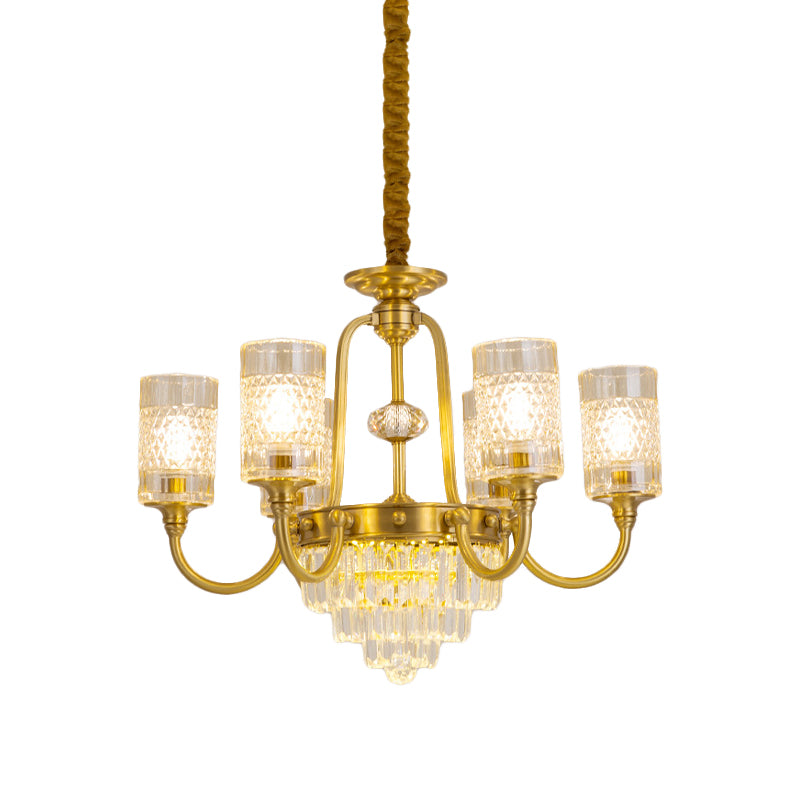 6-Light Pillar Hanging Chandelier Postmodern Gold Textured Glass Pendant Lamp with Tiered Crystal Prism Clearhalo 'Ceiling Lights' 'Chandeliers' Lighting' options 979507