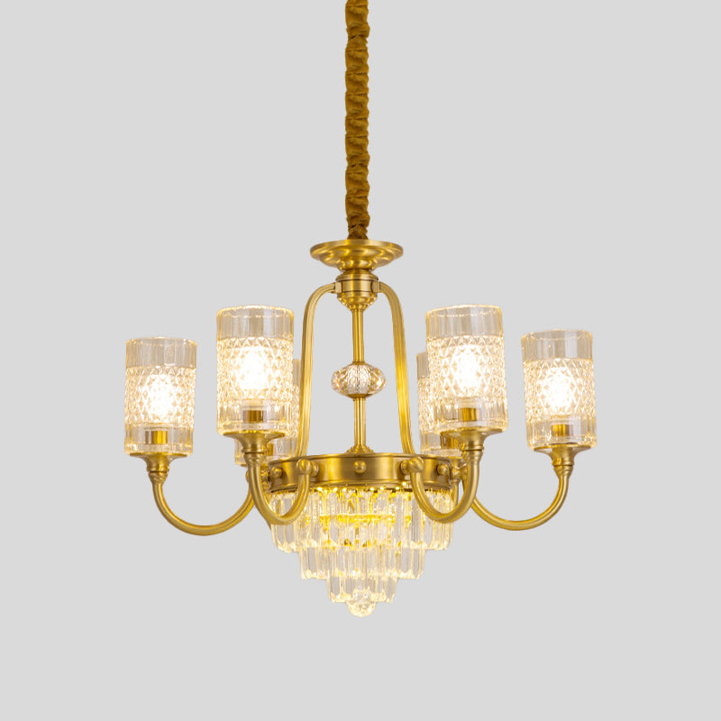 6-Light Pillar Hanging Chandelier Postmodern Gold Textured Glass Pendant Lamp with Tiered Crystal Prism Clearhalo 'Ceiling Lights' 'Chandeliers' Lighting' options 979508