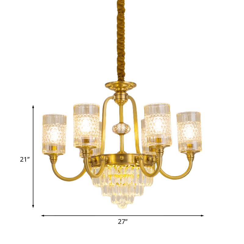 6-Light Pillar Hanging Chandelier Postmodern Gold Textured Glass Pendant Lamp with Tiered Crystal Prism Clearhalo 'Ceiling Lights' 'Chandeliers' Lighting' options 979509