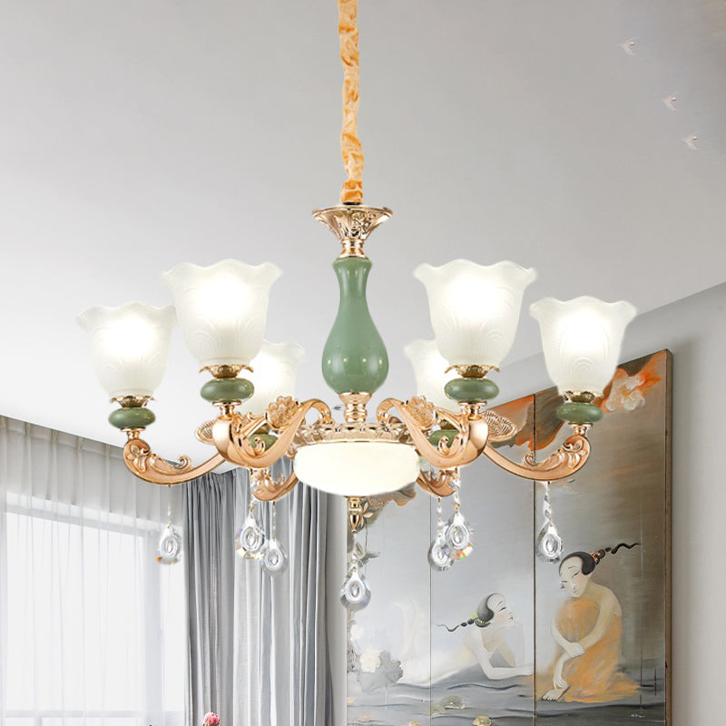 Floral Bedroom Up Chandelier Antique Milk Frosted Glass 3/6 Bulbs Gold and Green Hanging Light with Crystal Drop 6 Gold Clearhalo 'Ceiling Lights' 'Chandeliers' Lighting' options 979510_0c3f5775-8b1c-41a8-b896-46c67d515750