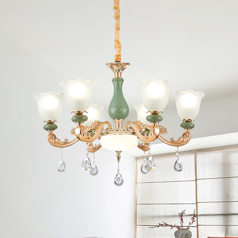 Floral Bedroom Up Chandelier Antique Milk Frosted Glass 3/6 Bulbs Gold and Green Hanging Light with Crystal Drop Clearhalo 'Ceiling Lights' 'Chandeliers' Lighting' options 979511