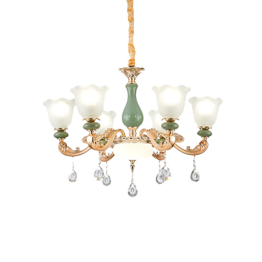 Floral Bedroom Up Chandelier Antique Milk Frosted Glass 3/6 Bulbs Gold and Green Hanging Light with Crystal Drop Clearhalo 'Ceiling Lights' 'Chandeliers' Lighting' options 979512