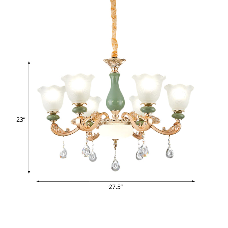 Floral Bedroom Up Chandelier Antique Milk Frosted Glass 3/6 Bulbs Gold and Green Hanging Light with Crystal Drop Clearhalo 'Ceiling Lights' 'Chandeliers' Lighting' options 979513