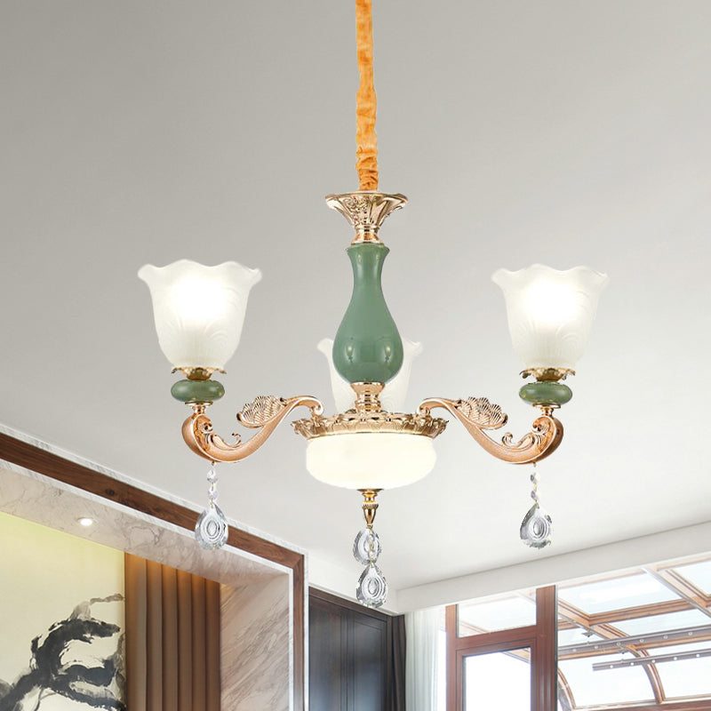 Floral Bedroom Up Chandelier Antique Milk Frosted Glass 3/6 Bulbs Gold and Green Hanging Light with Crystal Drop Clearhalo 'Ceiling Lights' 'Chandeliers' Lighting' options 979514