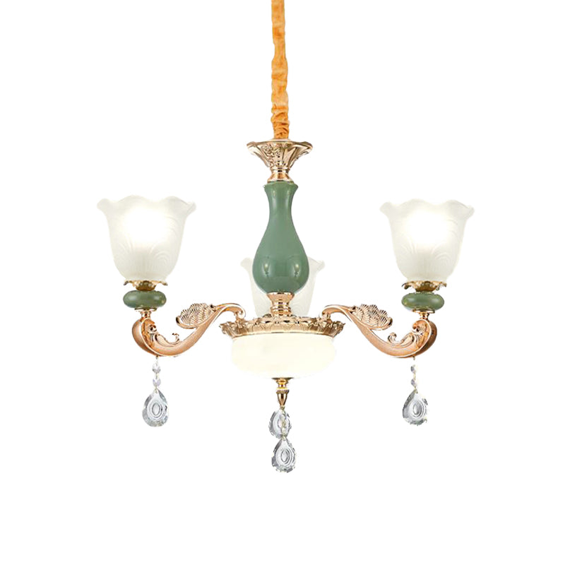 Floral Bedroom Up Chandelier Antique Milk Frosted Glass 3/6 Bulbs Gold and Green Hanging Light with Crystal Drop Clearhalo 'Ceiling Lights' 'Chandeliers' Lighting' options 979516